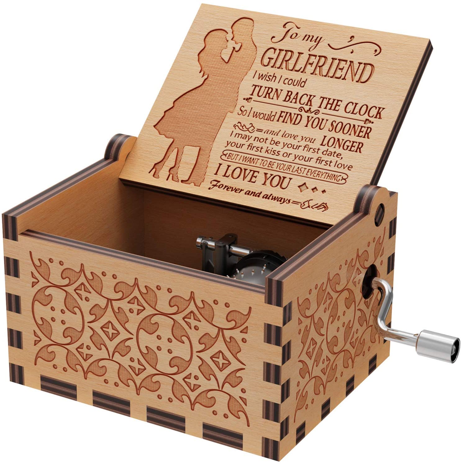 Caja de música de madera con mensaje grabado para novia
