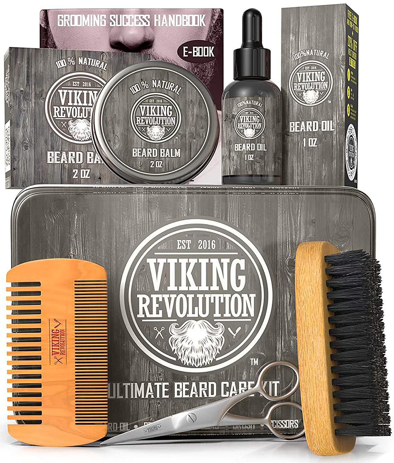 Elementos del kit de cuidado de barba Viking Revolution con caja de metal
