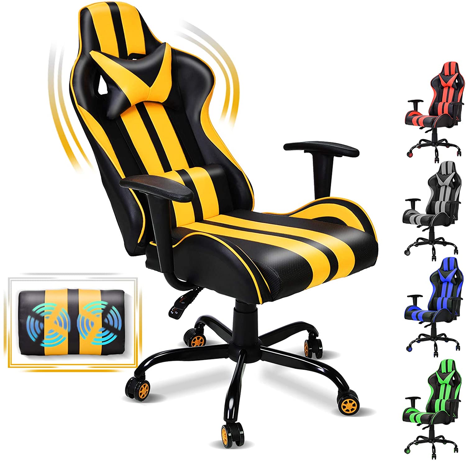 Silla de videojuegos con masajeador de color amarillo con negro