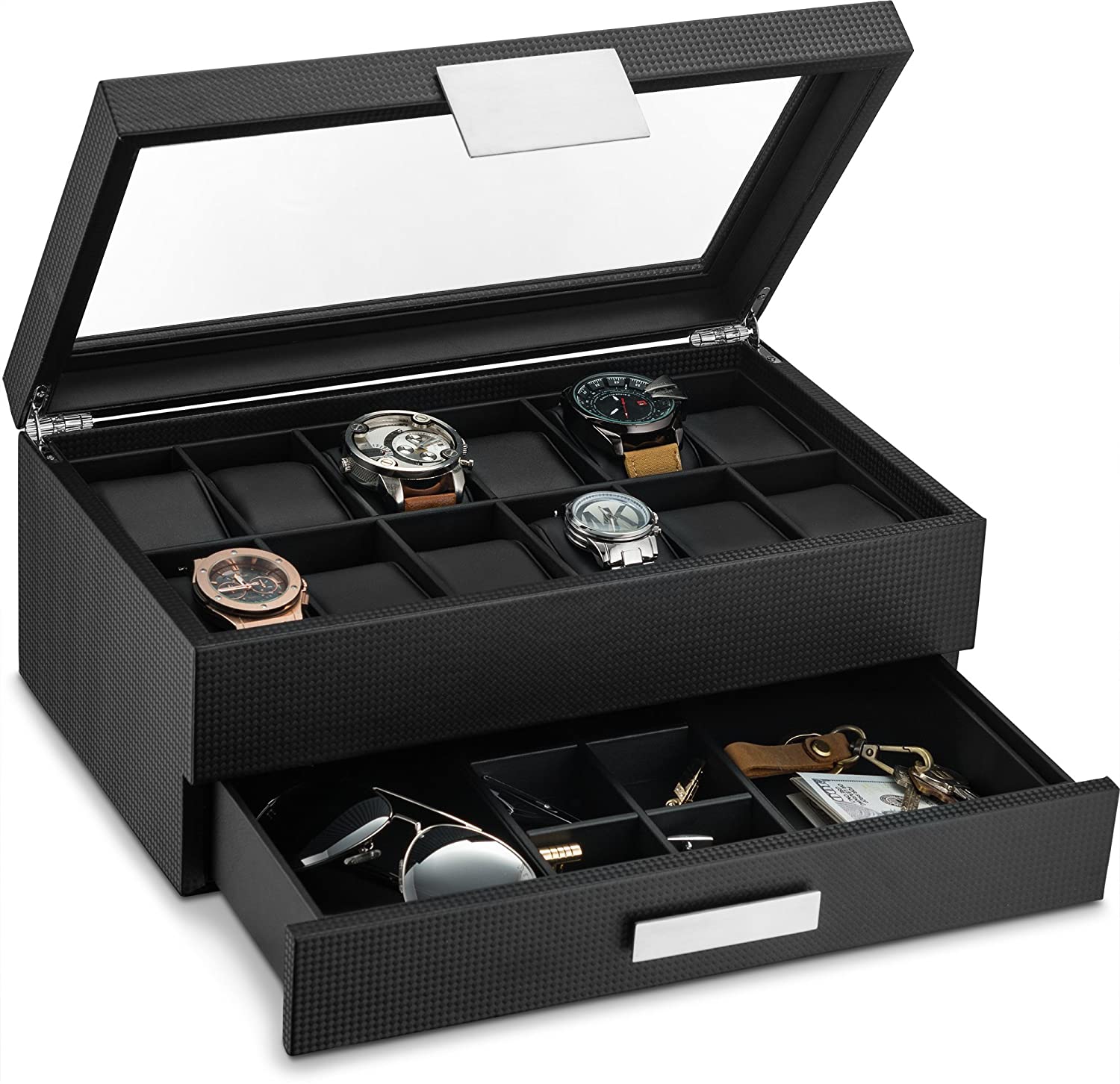 Caja para relojes de lujo negra con detalles plateados y espejo.