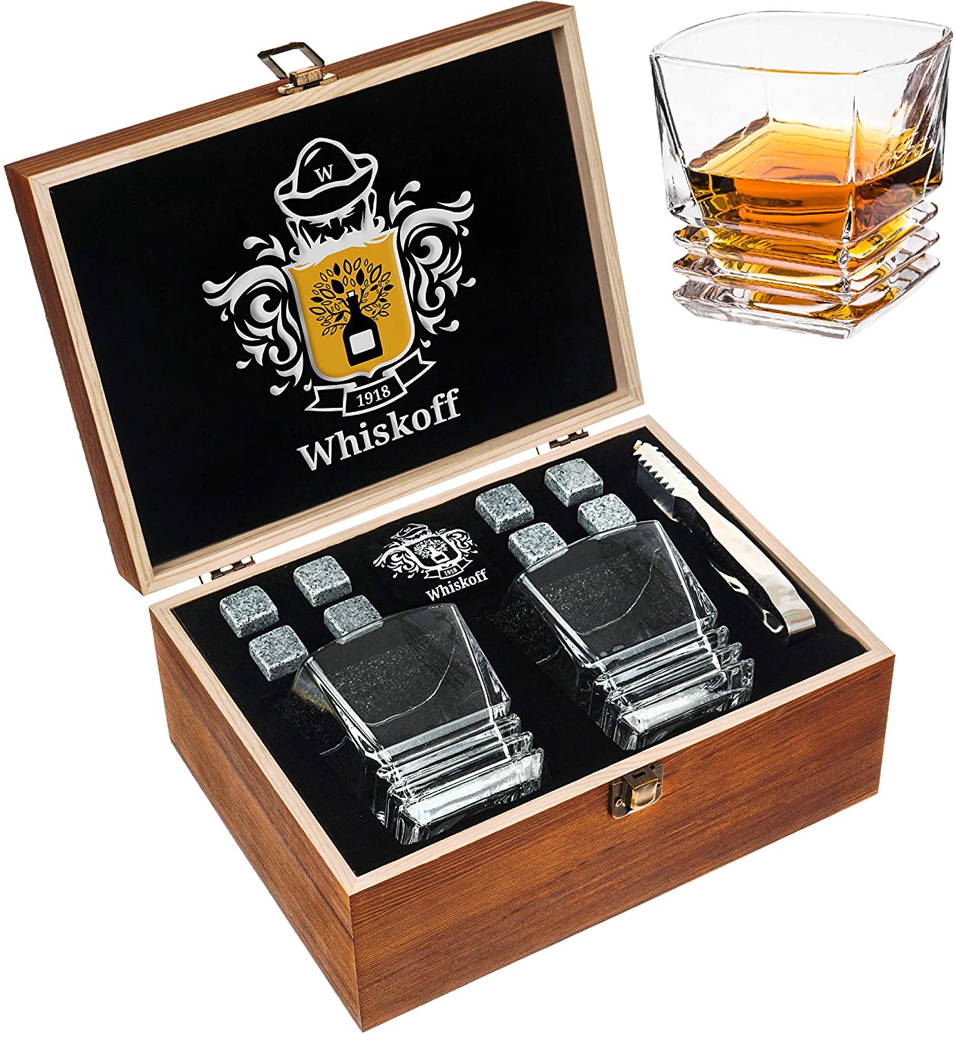 Juego de regalo de piedras de Whisky con vasos Burbon en caja de madera 