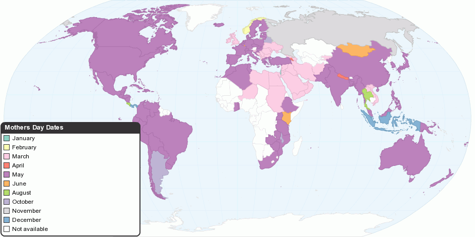 Mapa con fechas en que se celebra el día de las madres en el mundo