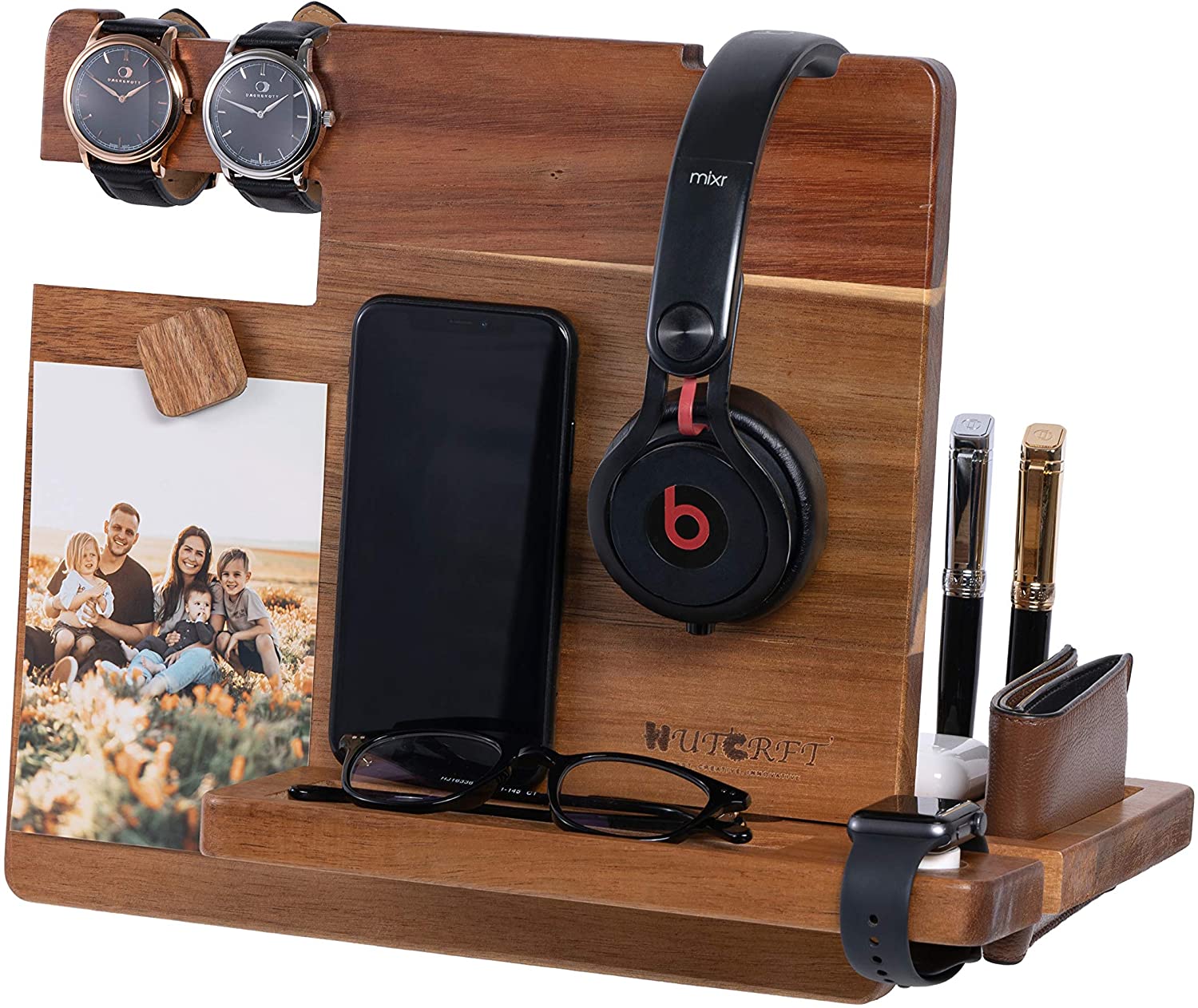 Soporte de madera WUTCRFT para organizar objetos como celular, audífonos y más.
